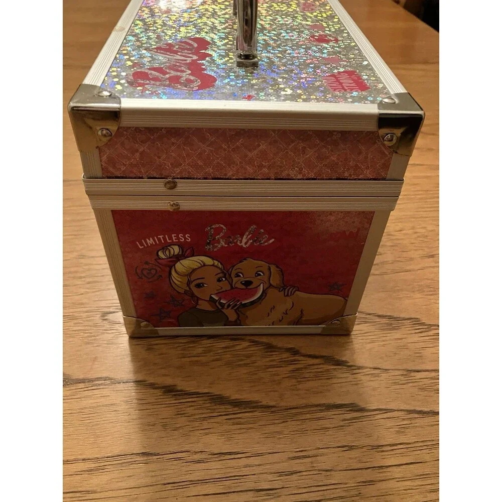Barbie Metal Jewelry Box Silver/Pink Rectangular Carry Case w/ Handle Latch